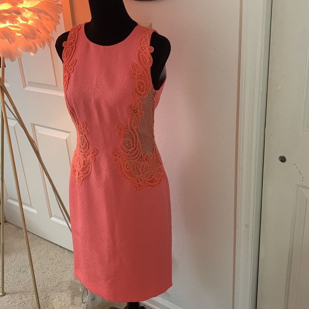 Antonio Melanie - Peach/Orange Dress-with Nude Lining, Jacquard & Lace Detail
